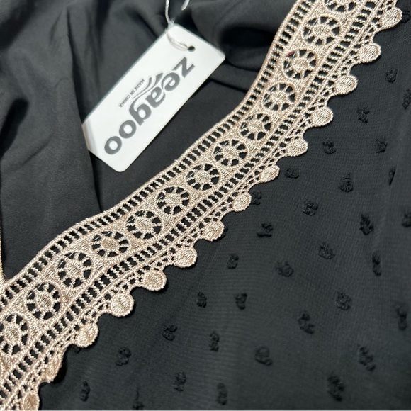 Women Black V Neck Puff Short Sleeve Top Swiss Dot chiffon Lace size X-Large NWT - Picture 5 of 9